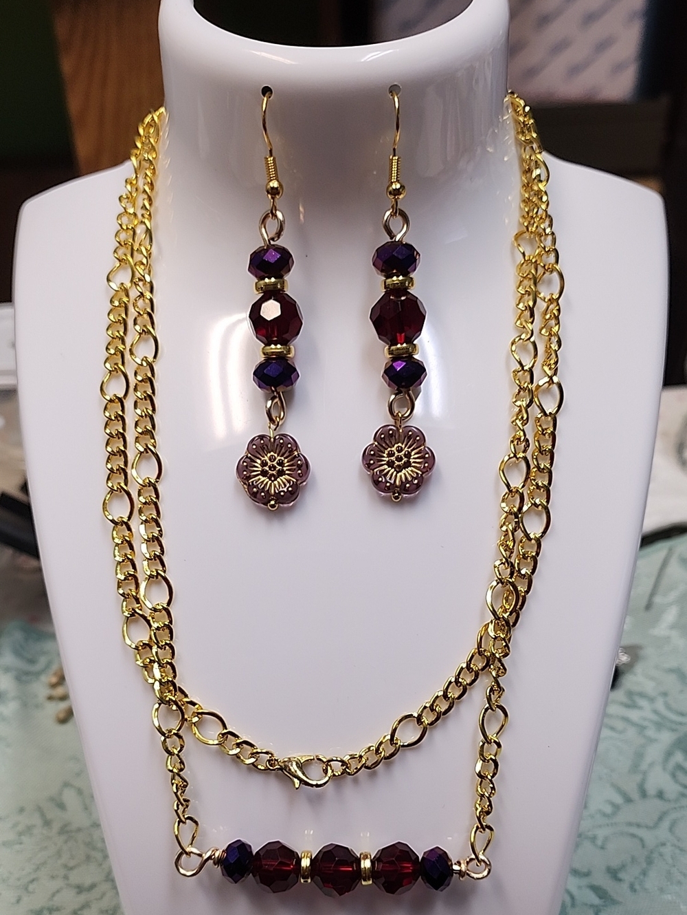 Gold Chain Necklace- Red & Purple Bead Flower Earrings Set!